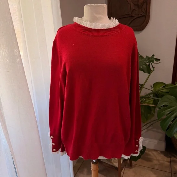 Red Lace Trim Sweater XL Cottagecore Preppy Gold Button - Picture 1 of 4